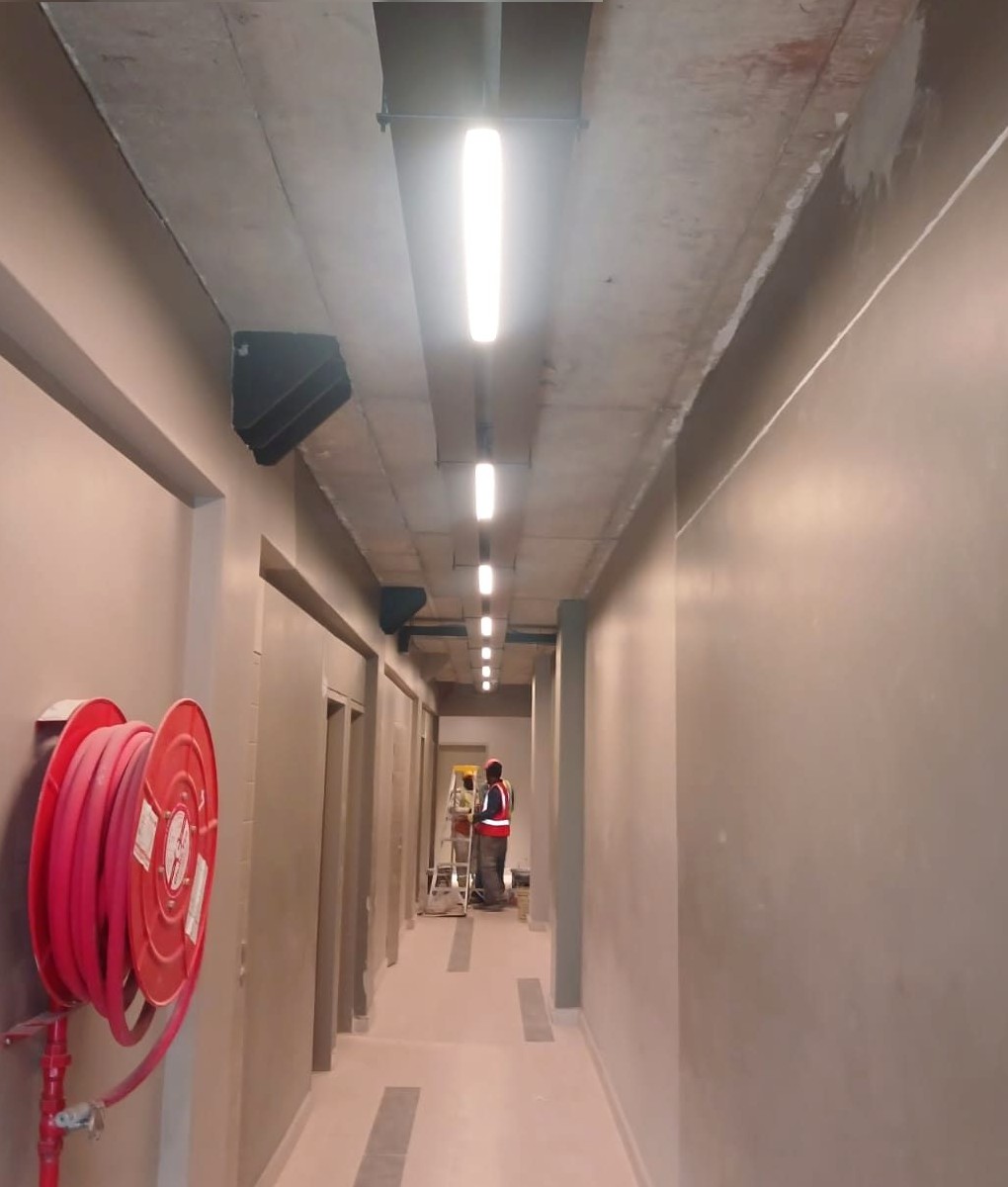 Commercial corridor with new LED lighting installation